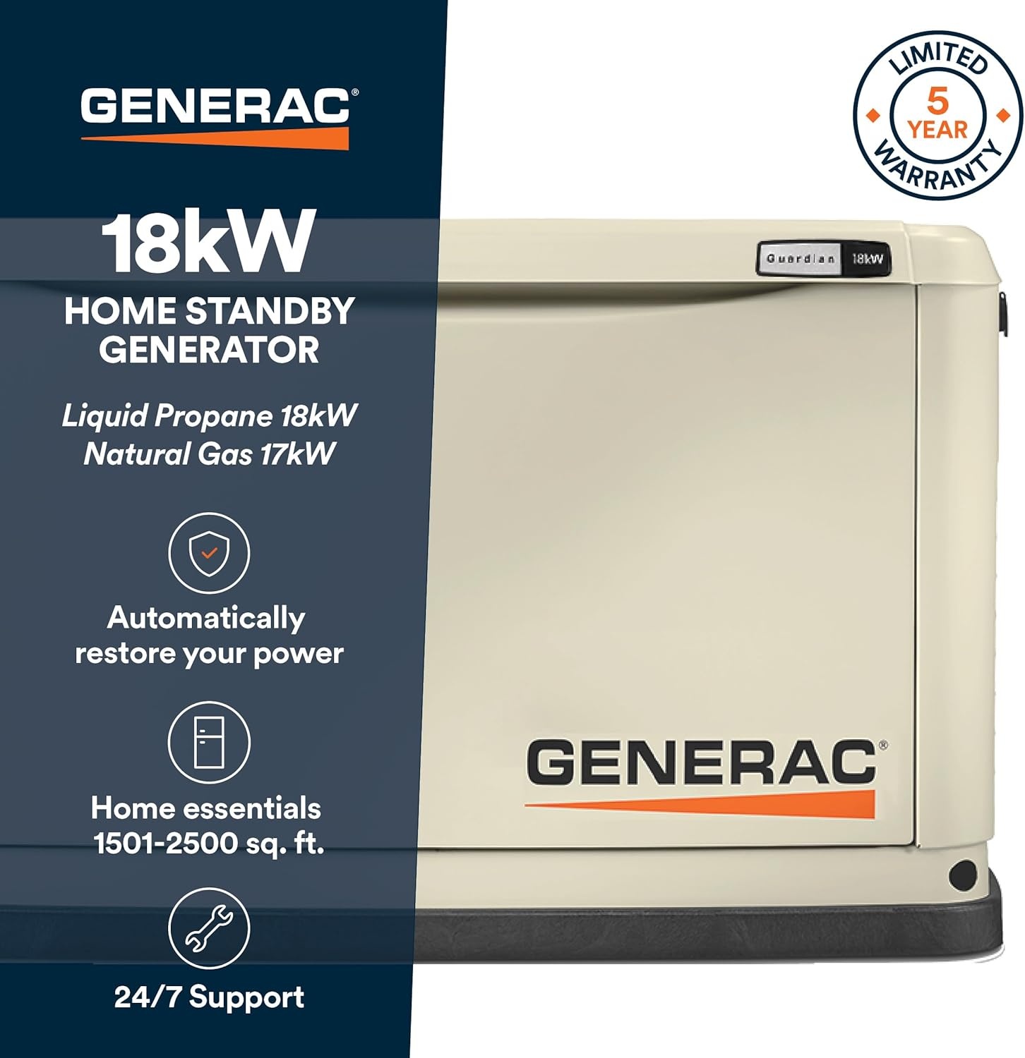 image:imageGenerac Guardian 18kW Home Standby Generator with 200 Amp Transfer Switch  Automatic Whole House Backup Power for Storms Emergencies and Outages WiFi Enabled Runs on Natural Gas or Liquid Propane